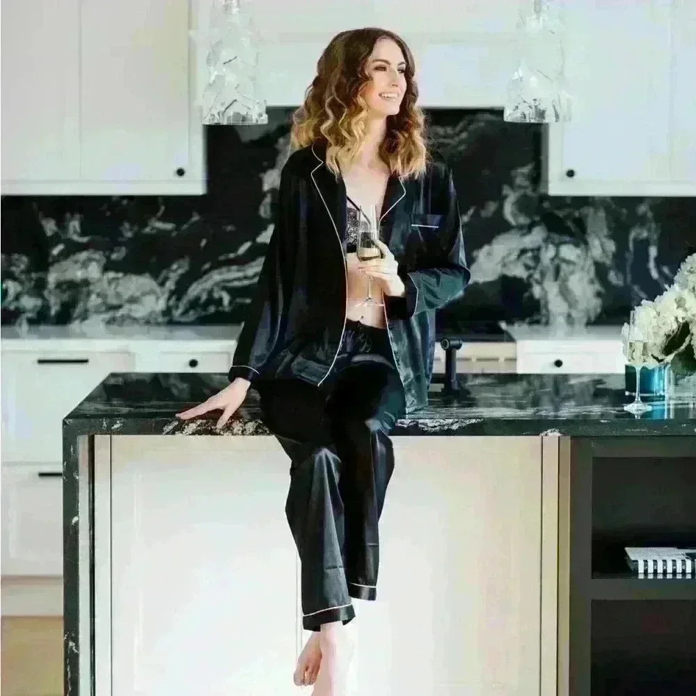 Natural Silk Pajama Set Long Sleeve by Less Is Amor